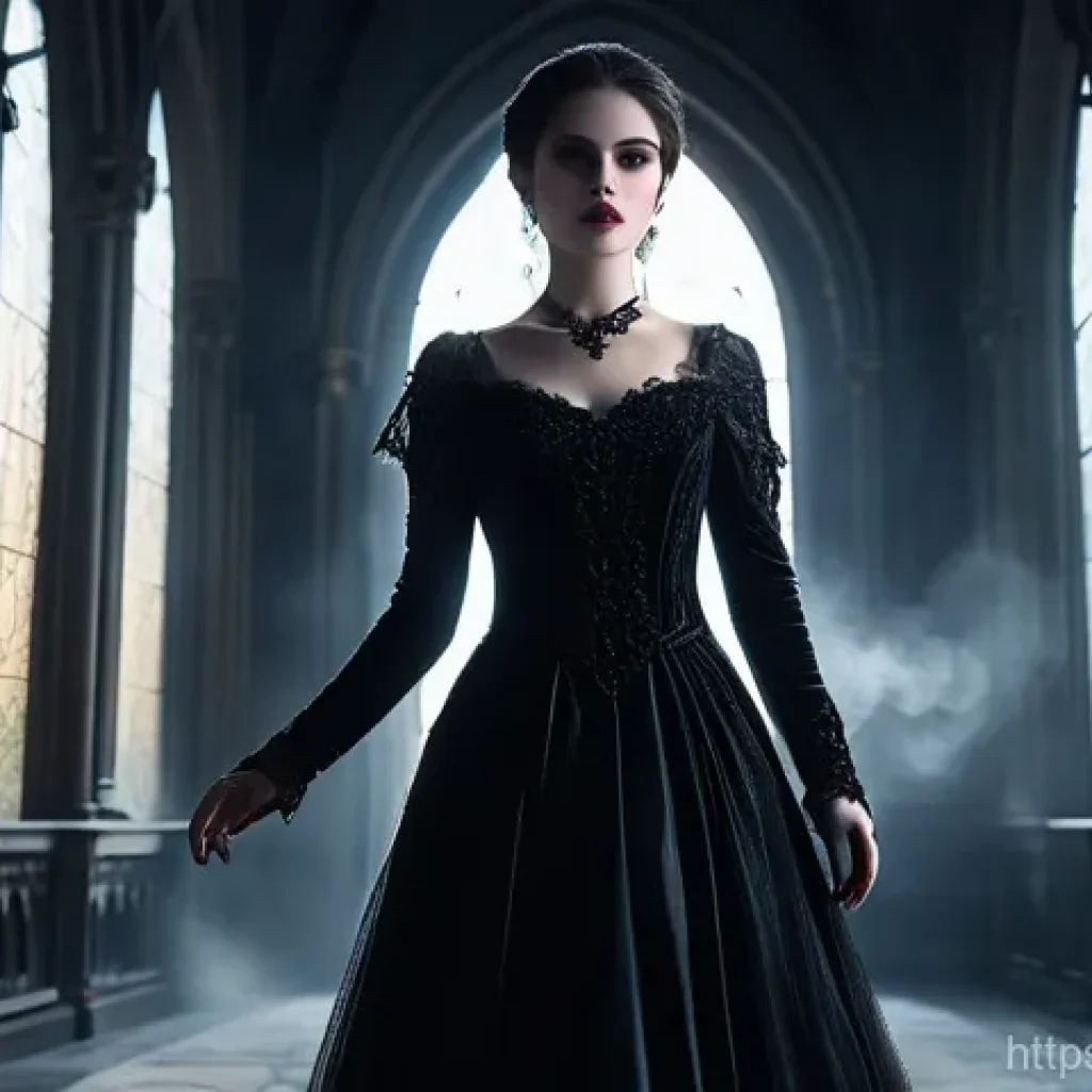 판타지 세계관 기반 RPG 게임 - A captivating female vampire stands elegantly within a grand, gothic castle hall. She wears a sophis...