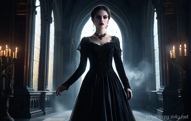 판타지 세계관 기반 RPG 게임 - A captivating female vampire stands elegantly within a grand, gothic castle hall. She wears a sophis...
