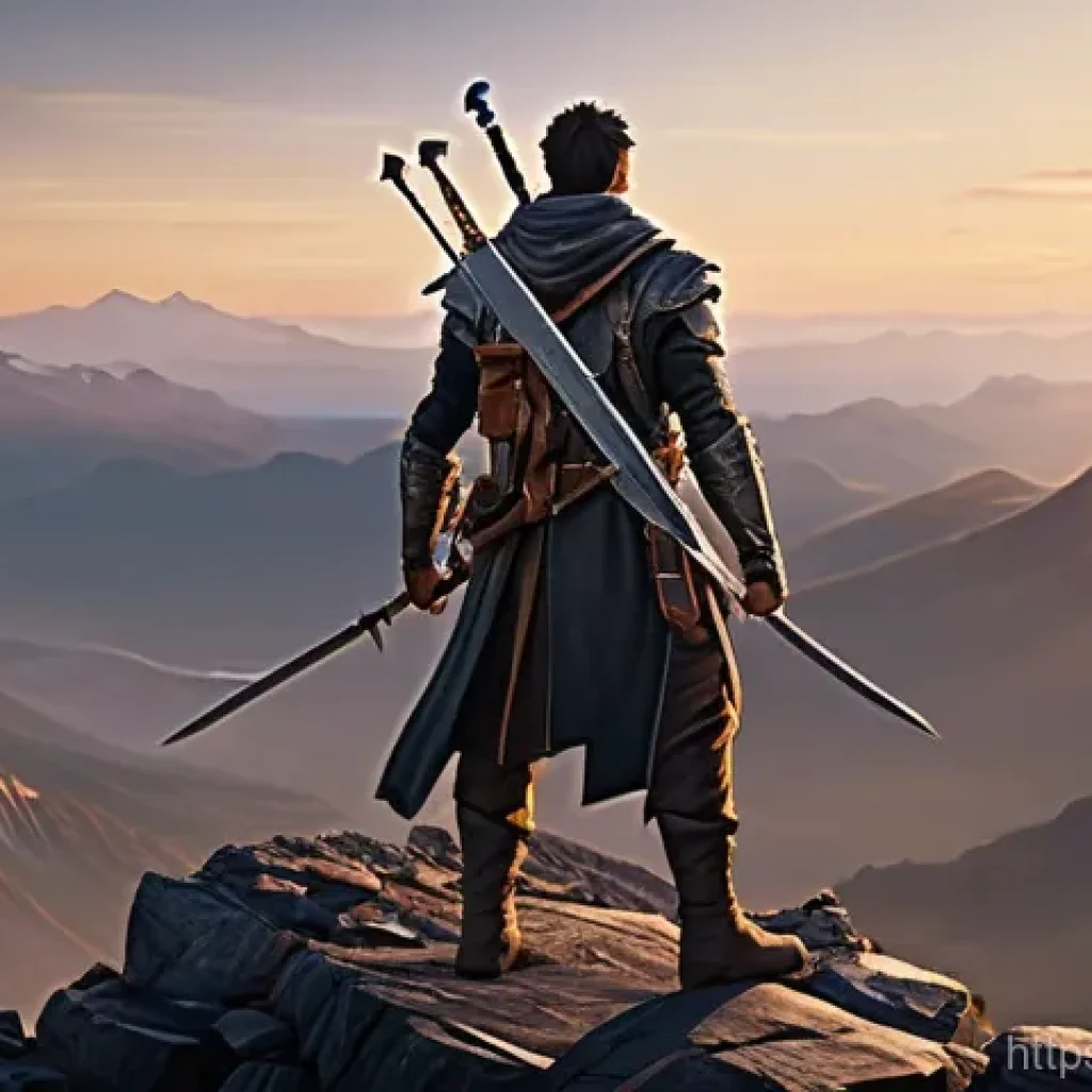 RPG 게임의 명대사 모음 - A determined RPG protagonist, male, stands on a rugged mountain peak at dawn, looking out over a vas...