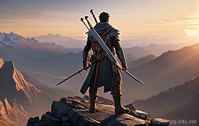 RPG 게임의 명대사 모음 - A determined RPG protagonist, male, stands on a rugged mountain peak at dawn, looking out over a vas...
