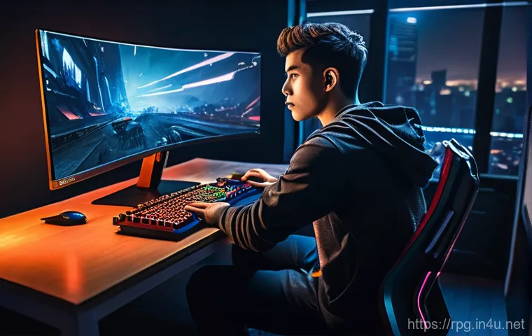 RPG 게임과 게이밍 장비 추천 - **Prompt 1: Immersive RPG Gaming Experience** A male gamer, approximately 20-25 years old, with ...