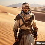 RPG 게임의 세계관 디자인 - A detailed fantasy RPG scene depicting a hero from a desert region, wearing traditional survival gea...