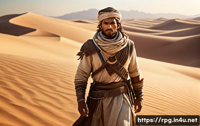 RPG 게임의 세계관 디자인 - A detailed fantasy RPG scene depicting a hero from a desert region, wearing traditional survival gea...