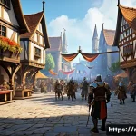 MMORPG 인기 서버 순위 - A vibrant MMORPG game server scene showcasing a diverse group of players gathered in a bustling medi...
