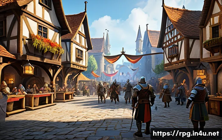 MMORPG 인기 서버 순위 - A vibrant MMORPG game server scene showcasing a diverse group of players gathered in a bustling medi...