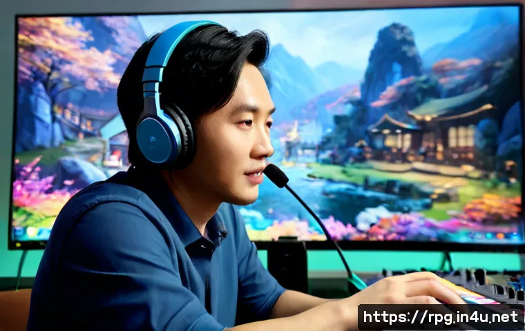Home 17 게임 OST와 인기 성우 - Photorealistic recording studio scene with a talented adult voice actor wearing headphones and speak...